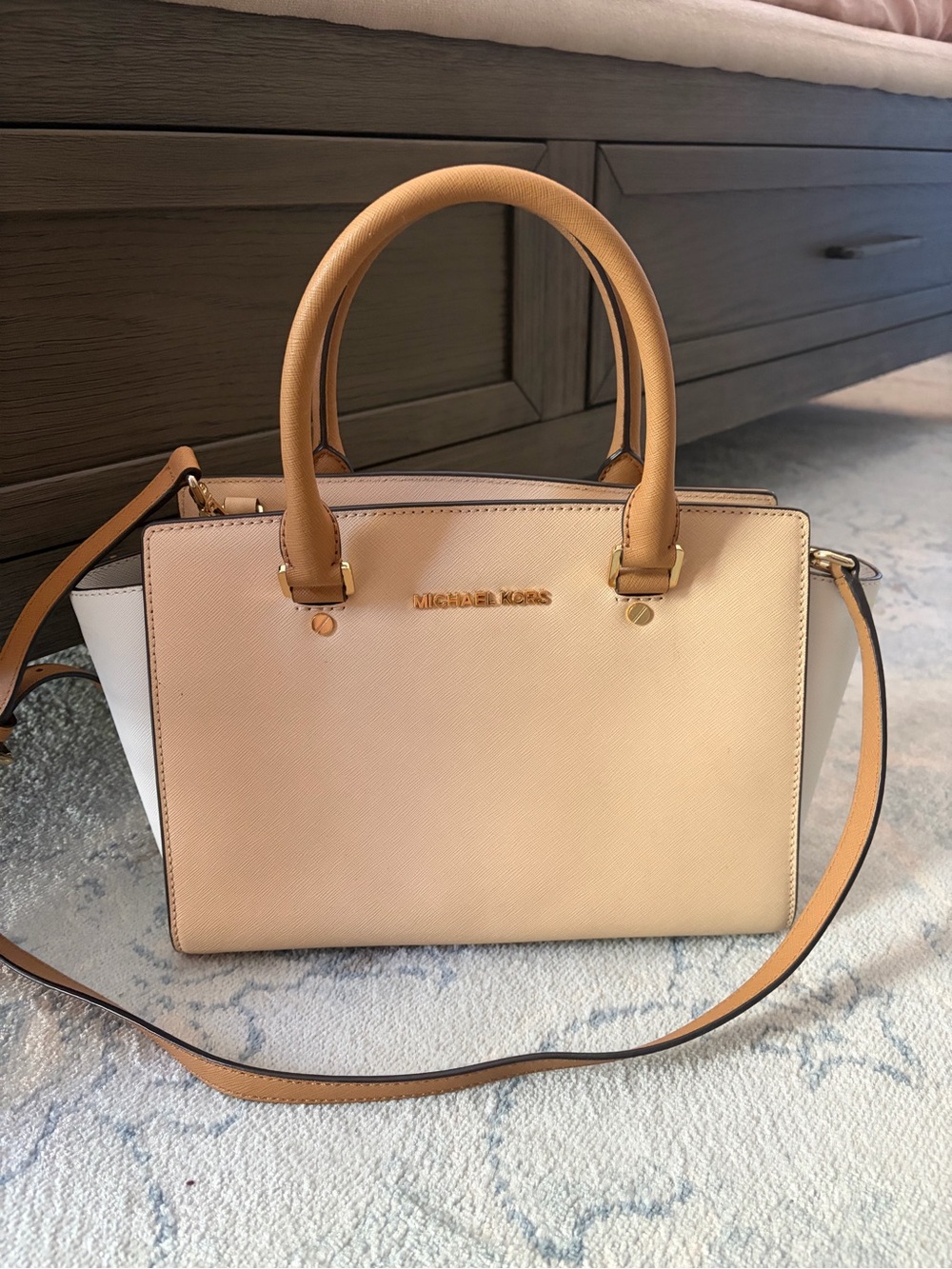 Michael Kors Tan & White Saffiano Leather Satchel